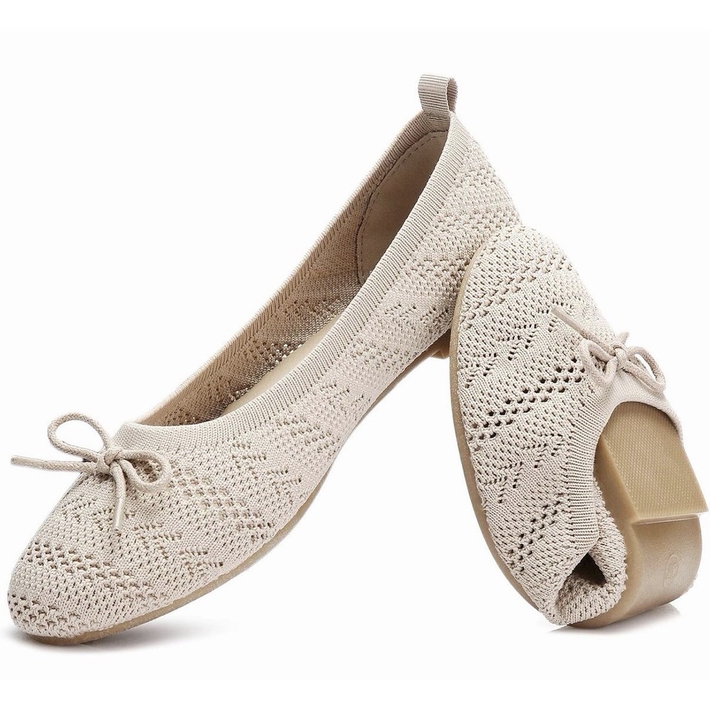 Heawish Womens Size 7 Beige Crochet Lace Closed Toe Bow Ballet Flats Shoes